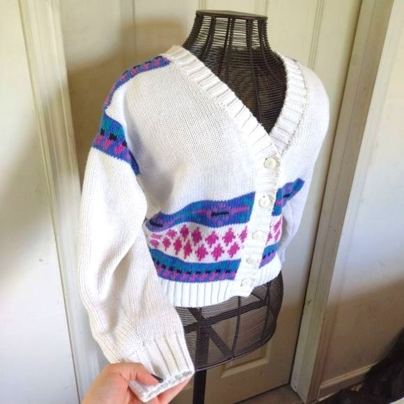 Vintage 62 East 80's Aztec white purple knitted woven geometric button sweater S - Picture 2 of 6